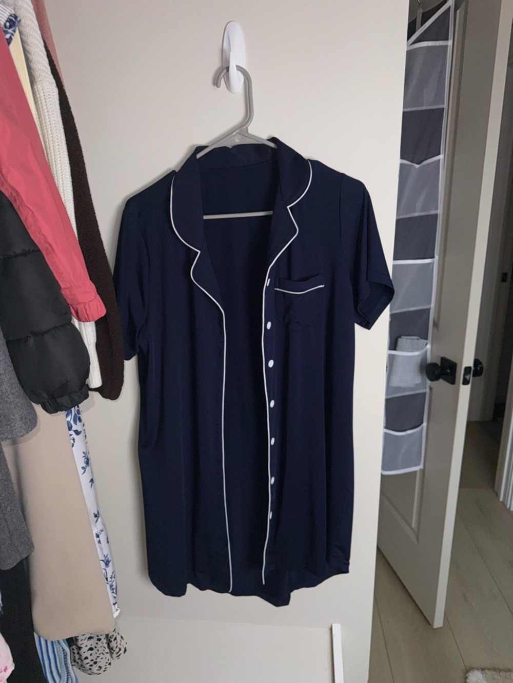 Amazon Women's Navy Blue Short Sleeve Button Pajama Nightshirt with White Piping